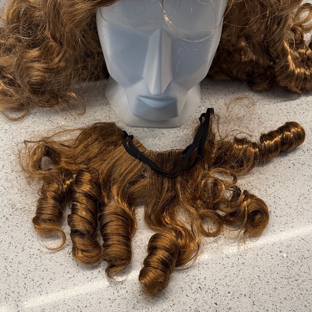 Cowardly Lion Curly Hair Wig with Red Bow along with beard costume - Picture 2 of 6